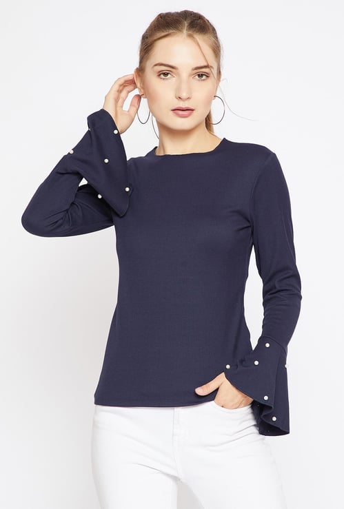 MADAME Women Solid Bell Sleeves Top