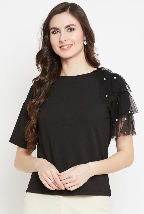 MADAME Women Embellished Short Sleeves Top