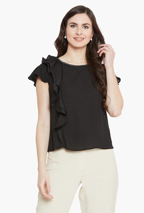 MADAME Women Solid Ruffle Top