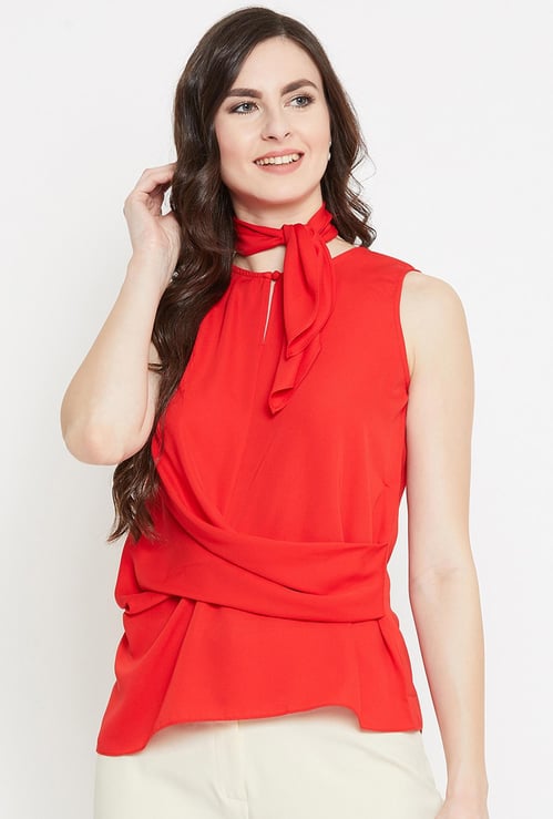 MADAME Women Solid Top with Tie-Up Scarf