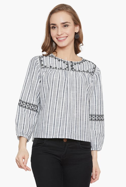 MADAME Women Striped Three-Quarter Sleeves Top