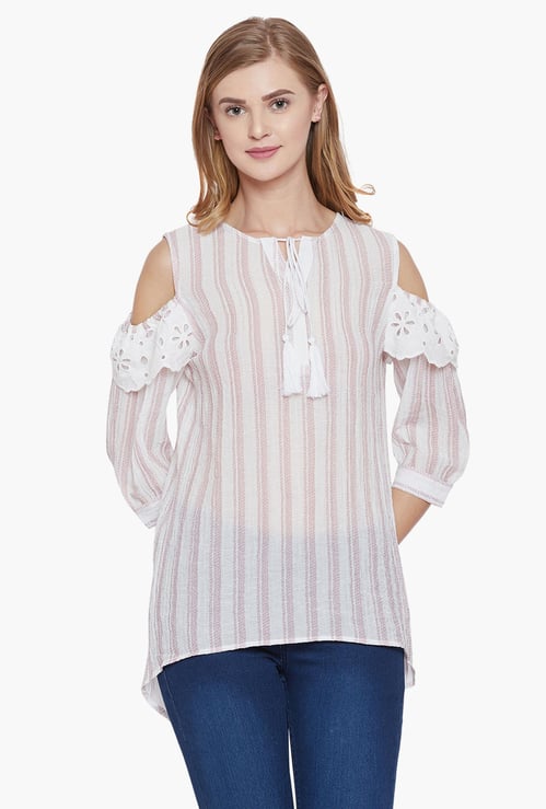 MADAME Women Striped Cold-Shoulder Top