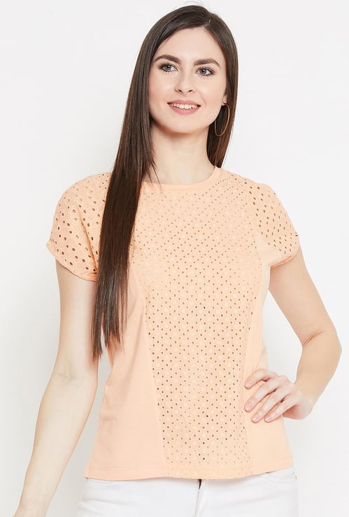 MADAME Women Schiffli Detail Short Sleeves Top
