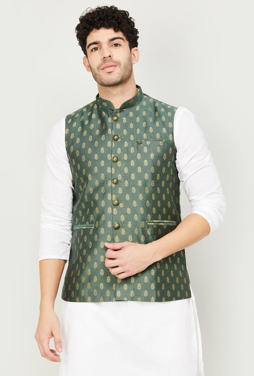 MANYAVAR Men Printed Band-Collared Nehru Jacket