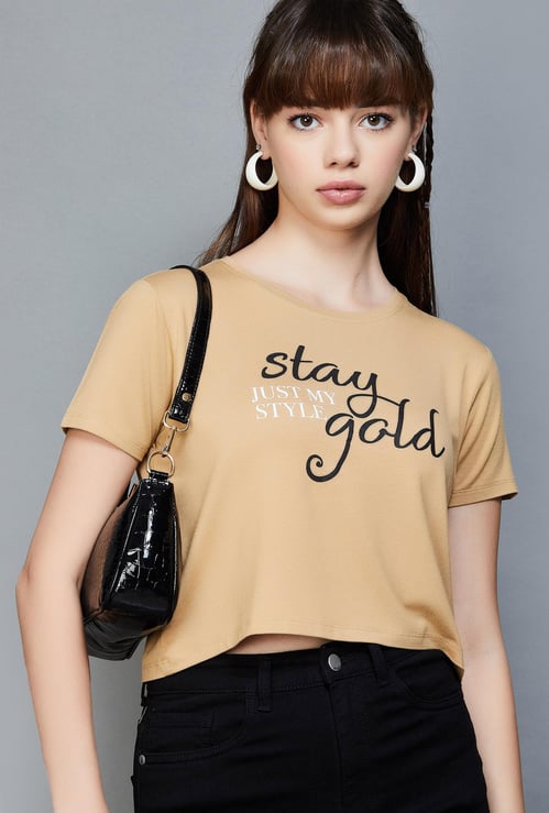 GINGER Women Typographic Printed Crop T-shirt