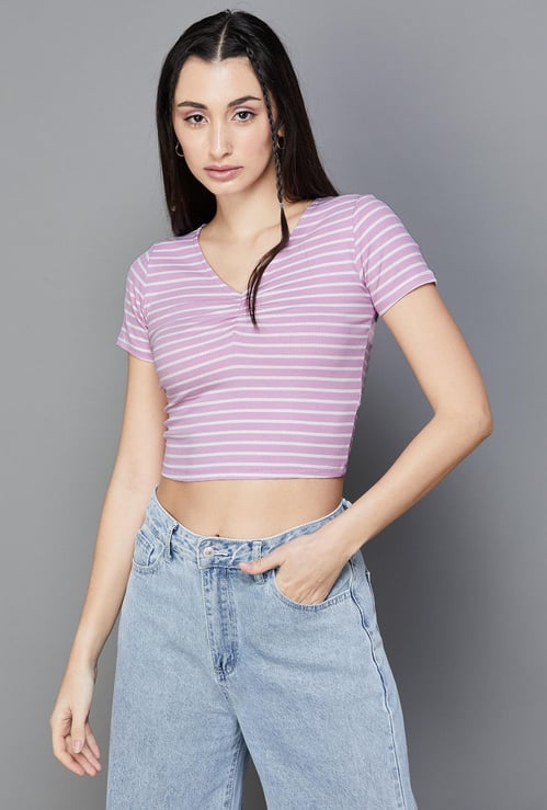 GINGER Women Striped V-Neck Cropped T-shirt