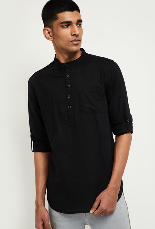 Men Solid Shirt Kurta with Band Collar