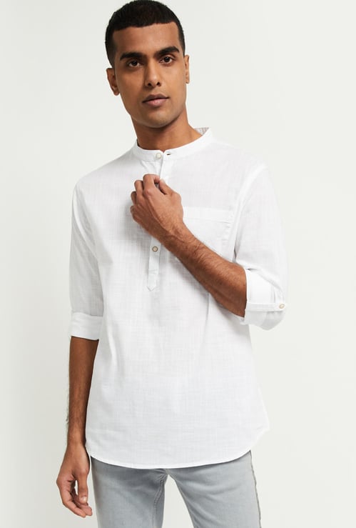 Men Solid Shirt Kurta with Band Collar