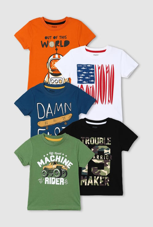 Boys Typographic Printed Crew Neck T-shirt- Pack of 5