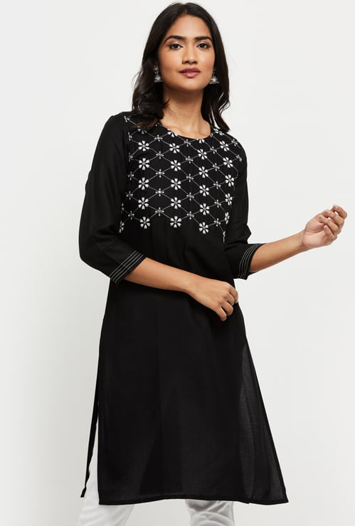 Women Cotton Embroidered Straight Kurta 