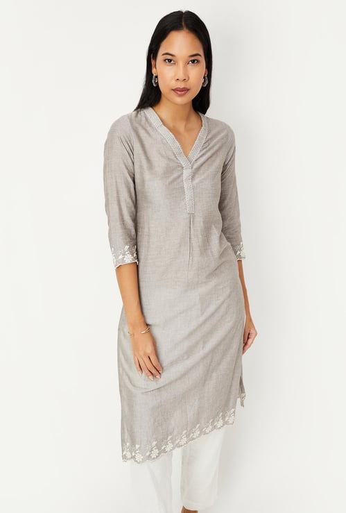 Women Cotton Embroidered Straight Kurta 