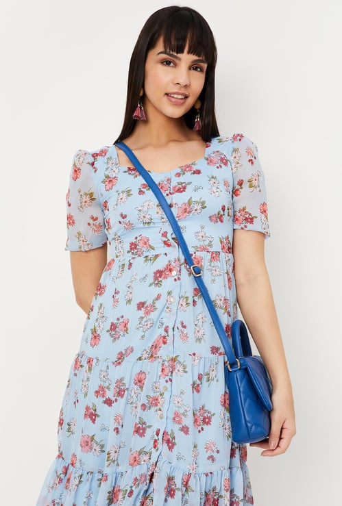 Women Floral Print Sweetheart Neck A-Line Dress