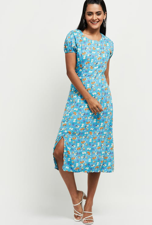 Women Printed Puffed Sleeve A-Line Dress 