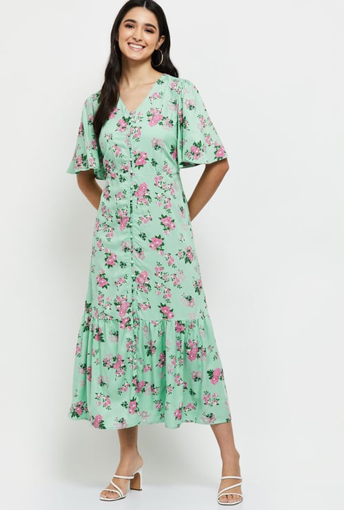 Women Printed Ruffled Sleeve A-line Dress 