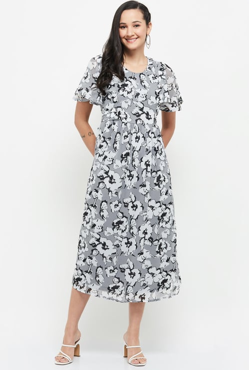 Women Printed Flutter Sleeves A-line Dress 