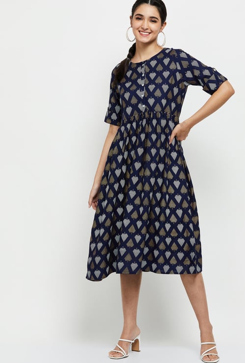 Women Printed Short Sleeves A-line Dress 