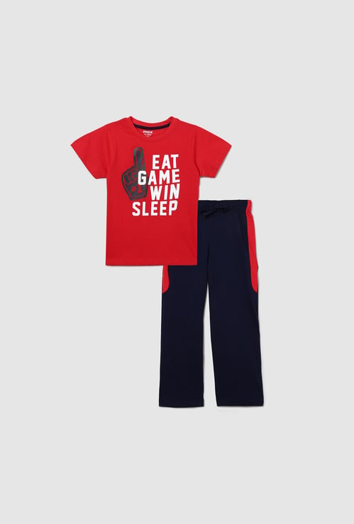 Boys Printed Round Neck T-shirt with Elasticated Track Pants