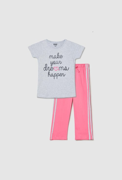 Girls Printed Round Neck T-shirt with Elasticated Track Pants