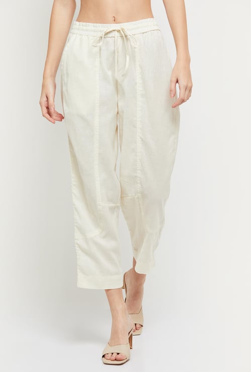 Women Solid Drawstring Waist Ankle-Length Trousers 