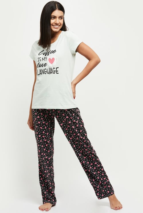 Women Printed Round Neck T-shirt with Elasticated Pyjamas