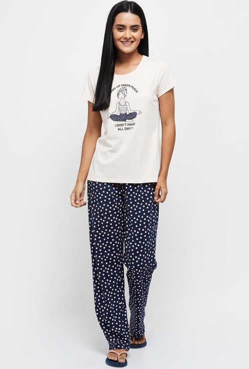 Women Printed Round Neck T-shirt with Elasticated Pyjamas 