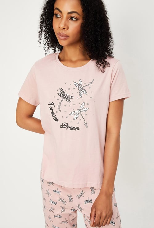 Women Printed Round Neck T-shirt with Elasticated Capris