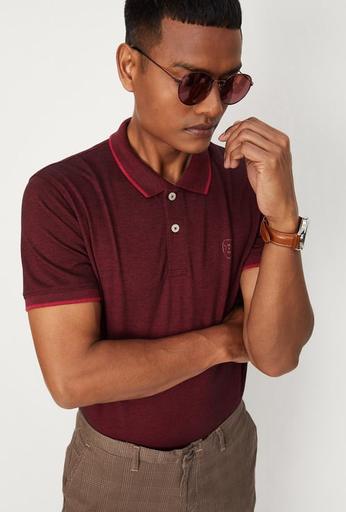 Men Textured Slim Fit Oxford Polo T-shirt