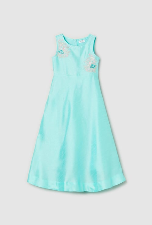 Girls Embroidered Round Neck A-Line Dress 