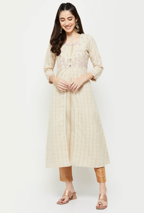 Women Striped A-line Kurta with Embroidered Long Jacket