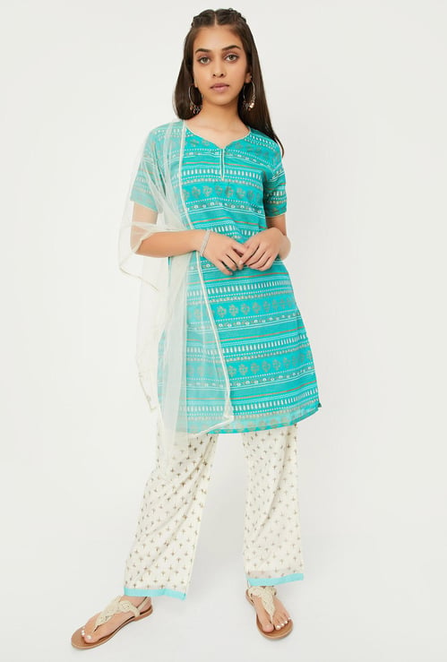 Girls Printed Kurta with Pants and Dupatta