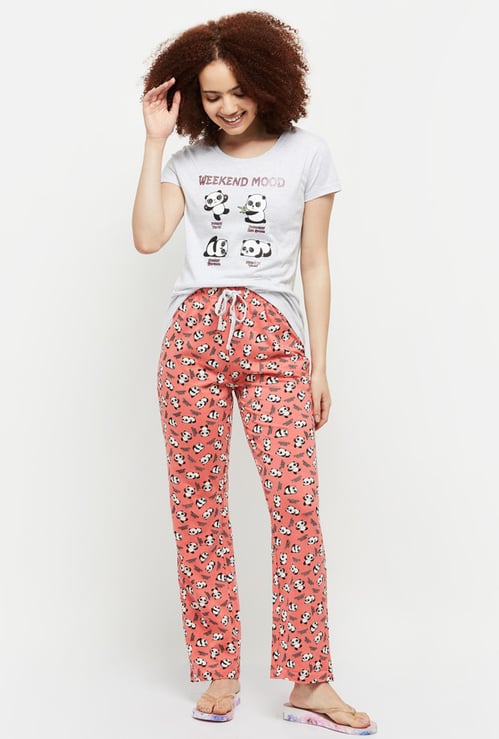 Women Printed Half Sleeves T-shirt With Elasticated Pyjamas 