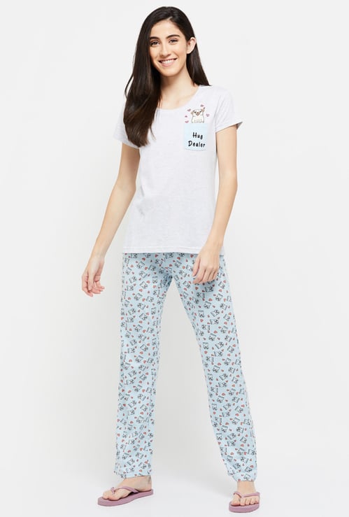 Women Printed Round Neck T-shirt With Elasticated Pyjama 