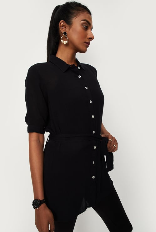 Women Solid Tie-Up Waist Tunic