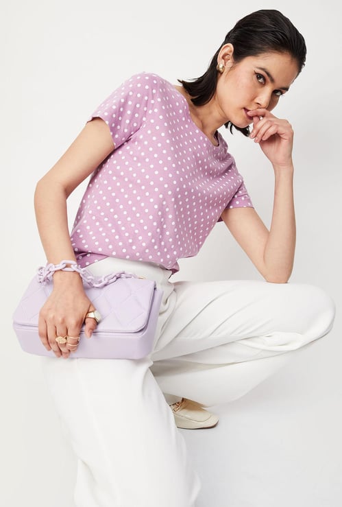 Women Polka Dot Round Neck T-shirt