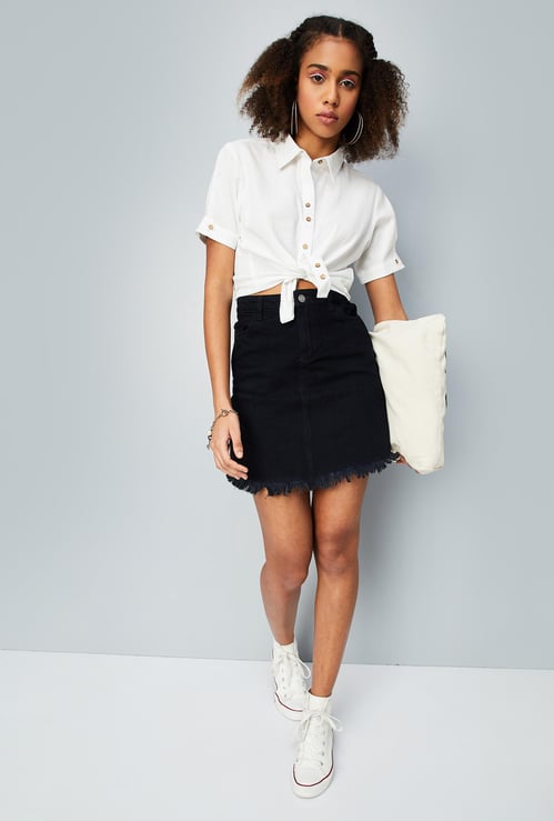 Women Solid Crop Boxy Shirt