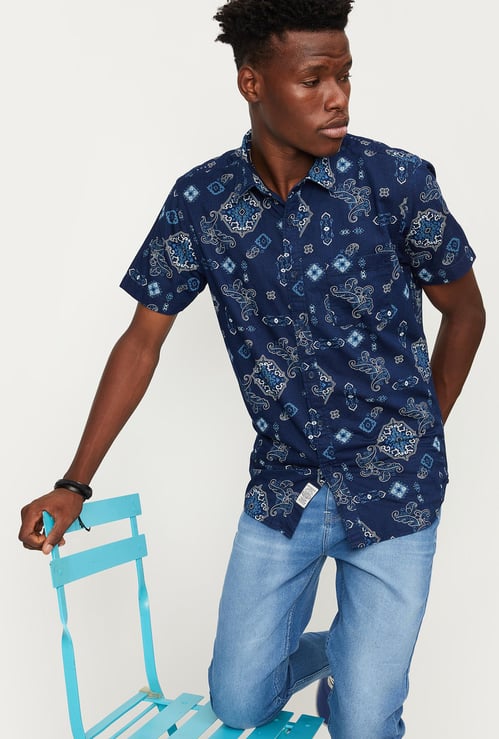 Men Indigo Printed Slim Fit Shirt