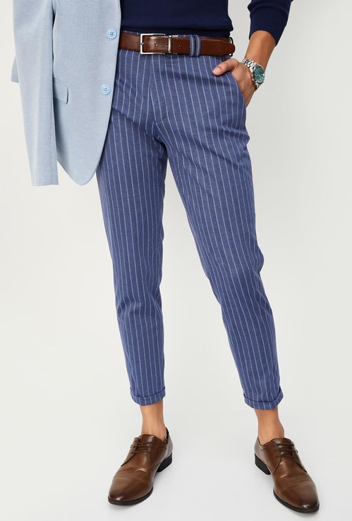 Men Carrot Fit Striped Formal Trousers