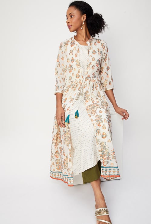 Women Printed Kurta with Longline Shrug