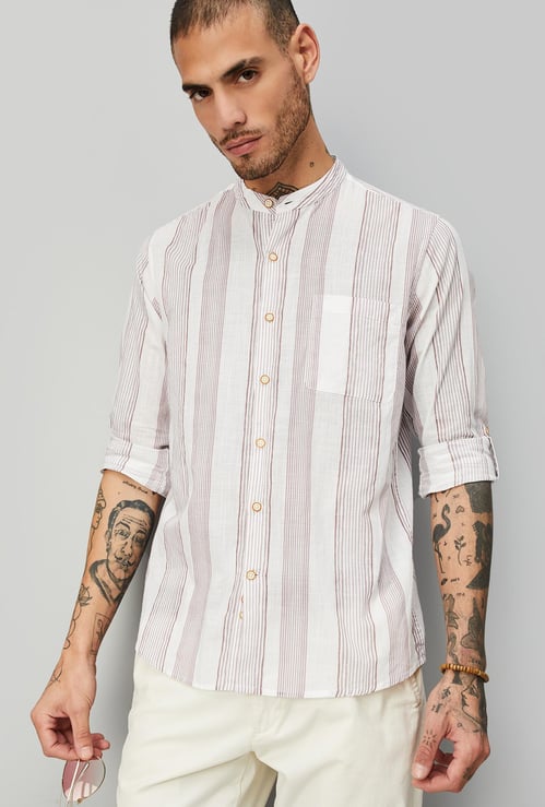 Men Striped  Band Collar Short Kurta