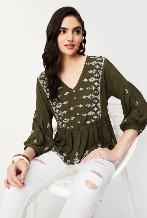 Women Embroidered Gathered Tunic