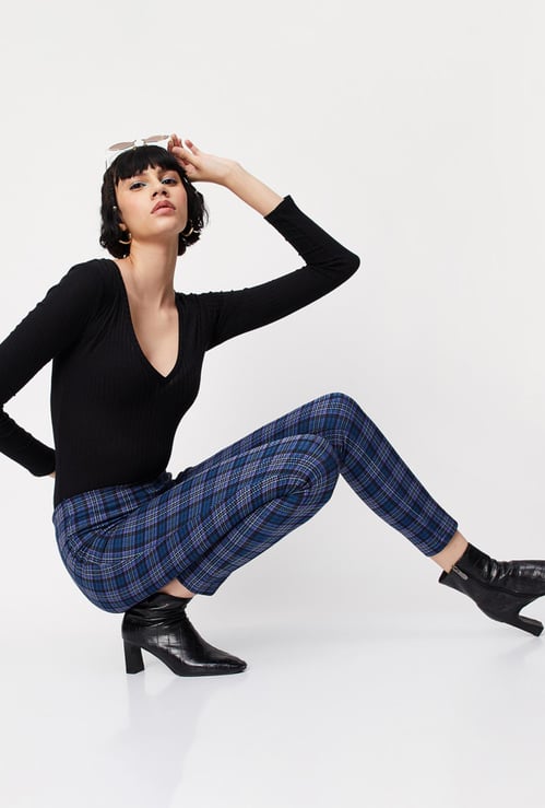 Women Plaid Knit Crop Treggings