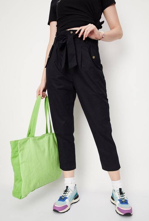 Women Paperbag Waist Crop Trousers