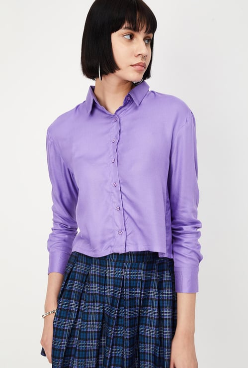 Women Solid Cropped Boxy Shirt