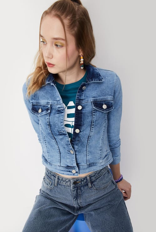 Women Washed Crop Denim Jacket