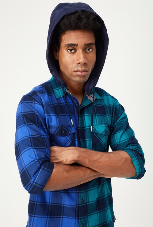 Men Checked Hooded Shirt