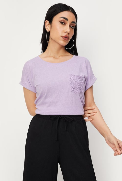 Women Solid T-shirt with Crochet Pocket