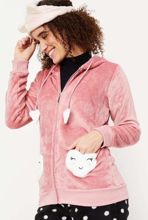 Women Fur Fleece Heart Pocket Hoodie