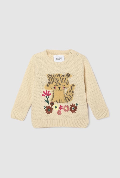 Girls Embroidered Kitten Knit Sweater