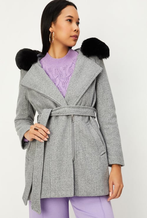 Women Faux Fur Trimmed Hooded Coat