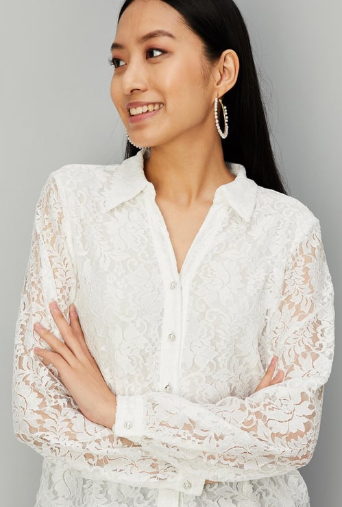 Women Pearl Button Lace Blouse